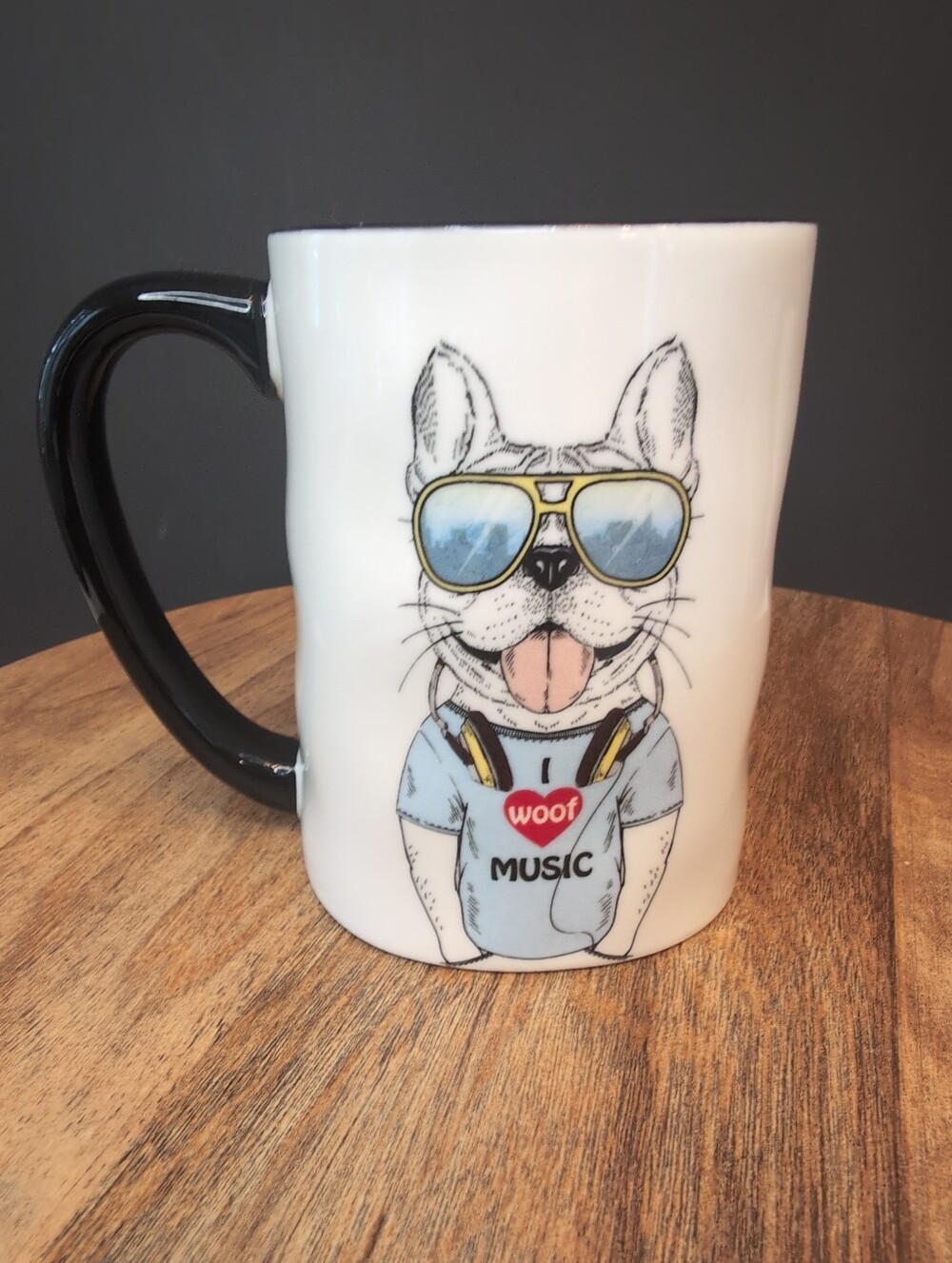 French Bulldog Hipster Animal Mug Wearing Glasses And An "I Woof Music" Shirt
